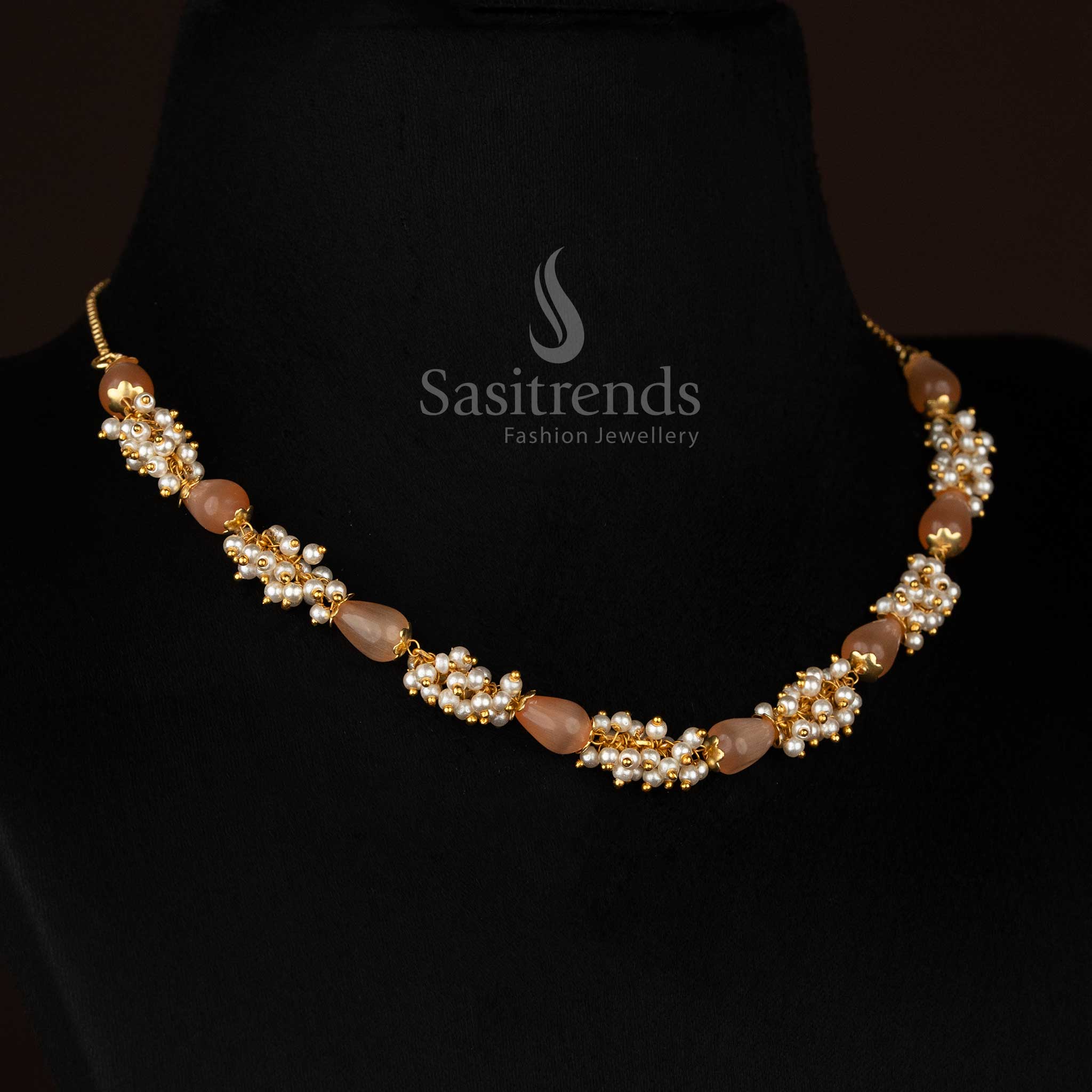 Ethnic micro gold plated orange beads pearl cluster mala necklace crafted for pooja rituals and auspicious events-Sasitrends