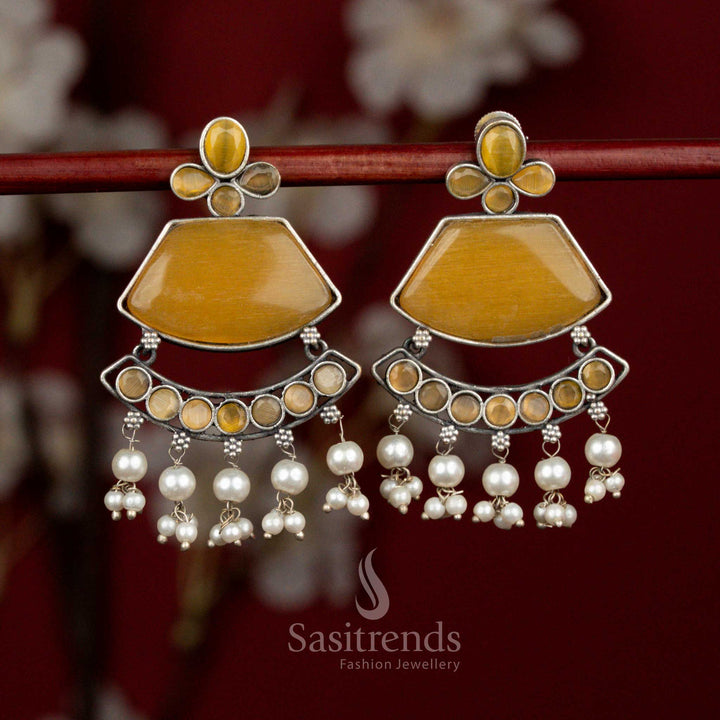 Golden yellow oxidised silver curved crescent pearl fringe earrings for party moments - jewellery - Sasitrends