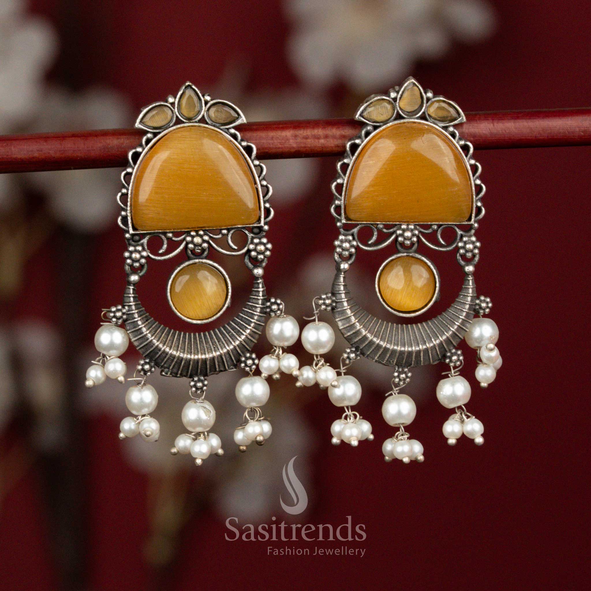 Golden yellow oxidised silver crescent arch monalisa stone pearl fringe earrings for festive evenings - jewellery - Sasitrends