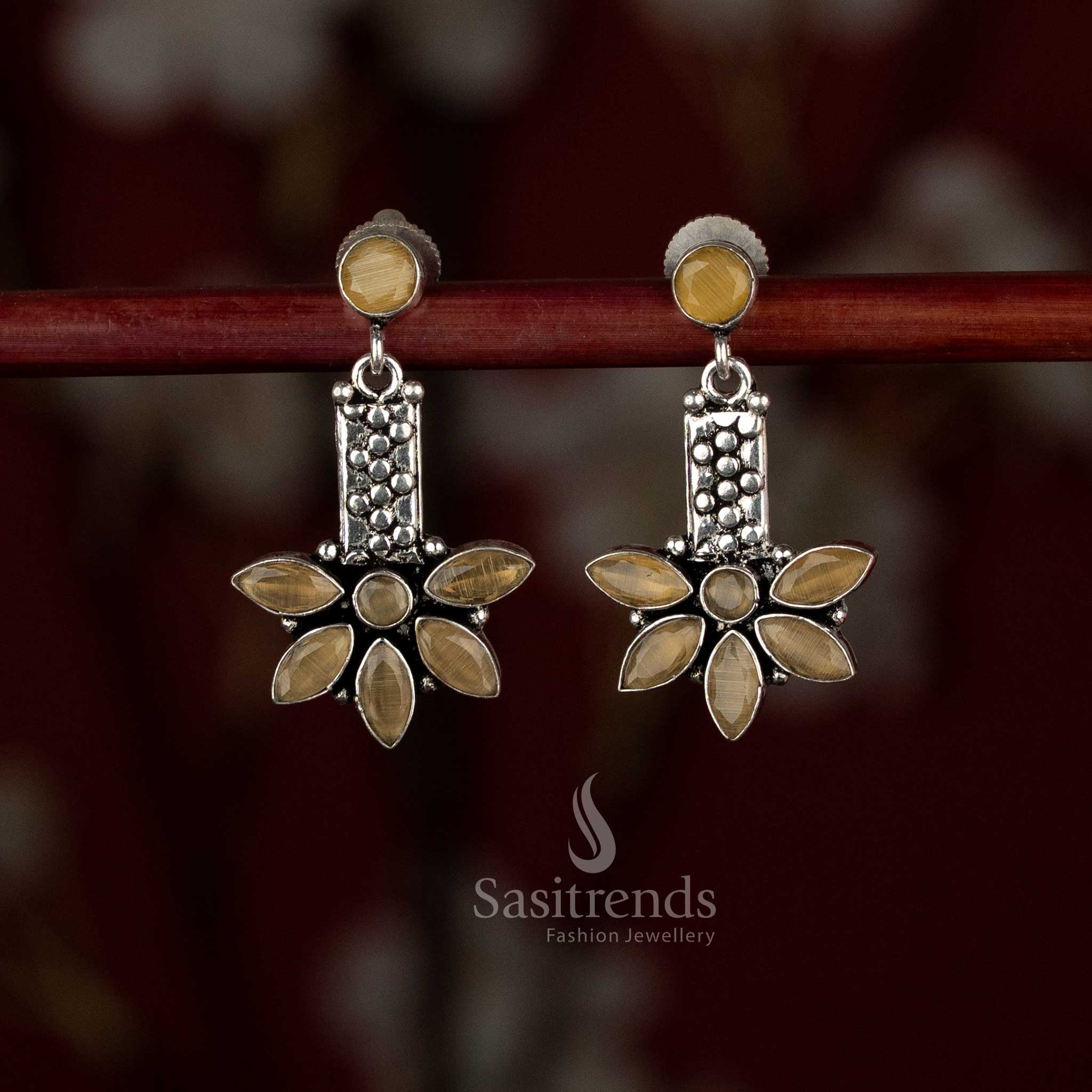 Bright yellow oxidised silver earrings with sculpted leaf drop and refined round top accent – Sasitrends