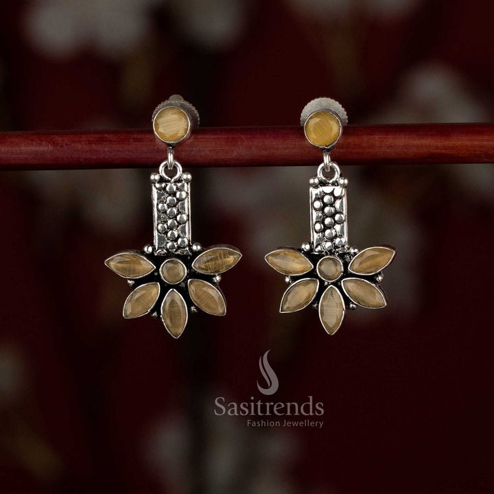 Bright yellow oxidised silver earrings with sculpted leaf drop and refined round top accent – Sasitrends