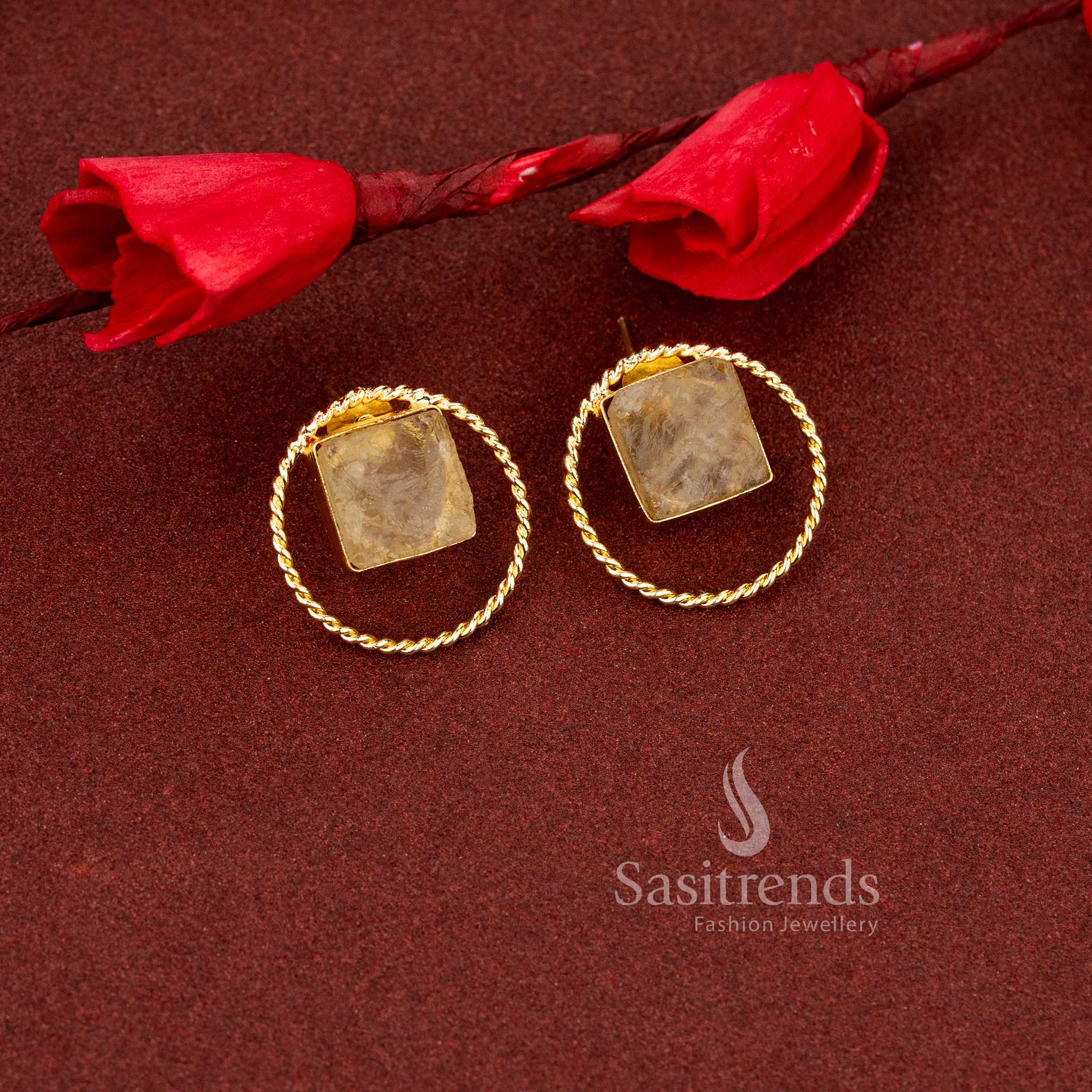 Luminous round natural yellow stone stud earrings bordered with classic rope textured gold plating for daily elegance and youthful styling - Sasitrends