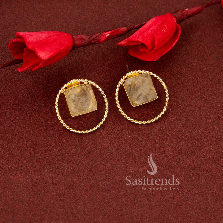 Luminous round natural yellow stone stud earrings bordered with classic rope textured gold plating for daily elegance and youthful styling - Sasitrends