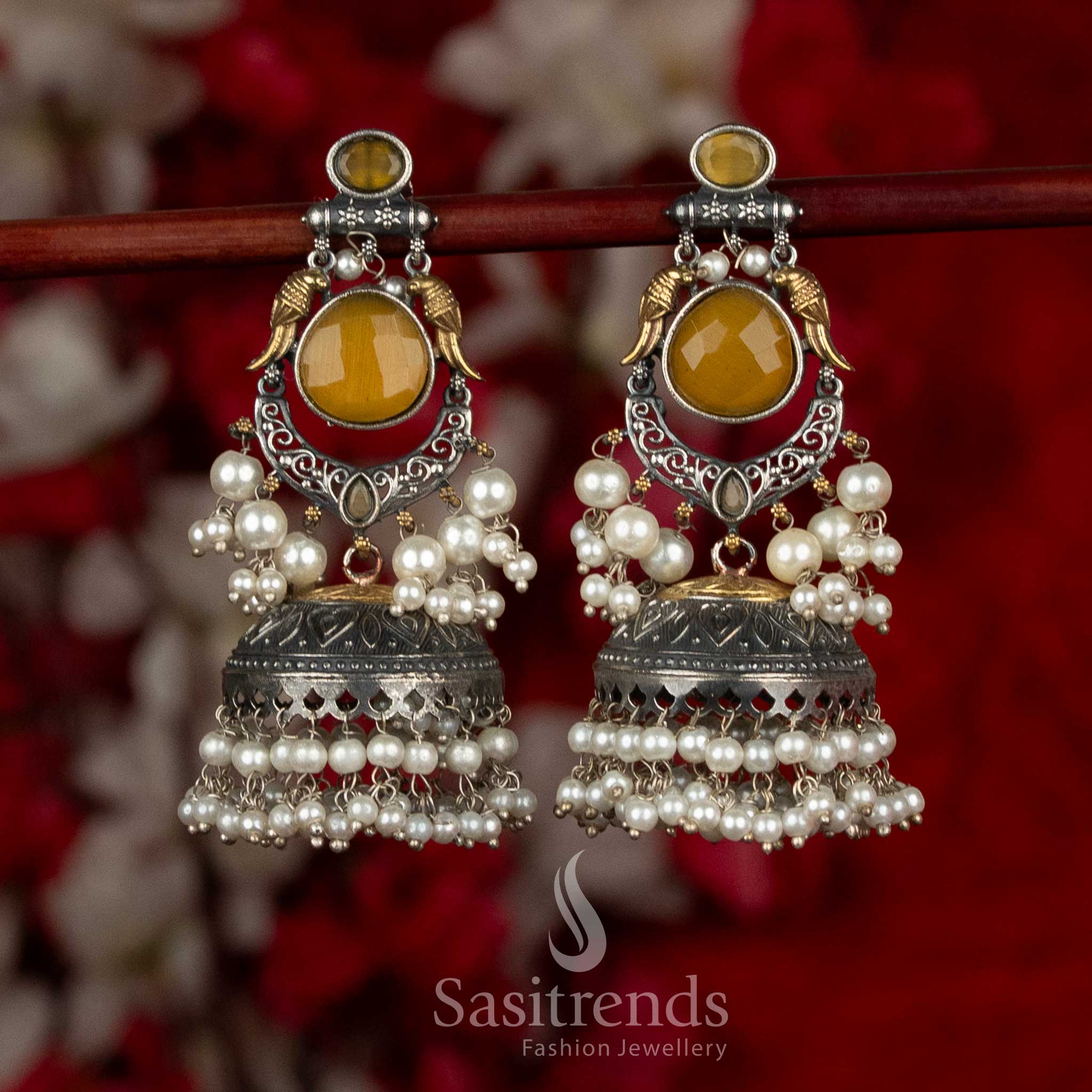 Golden dual tone 92.5 silver plated oxidised bird crescent dangler earrings yellow colour for traditional events Sasitrends