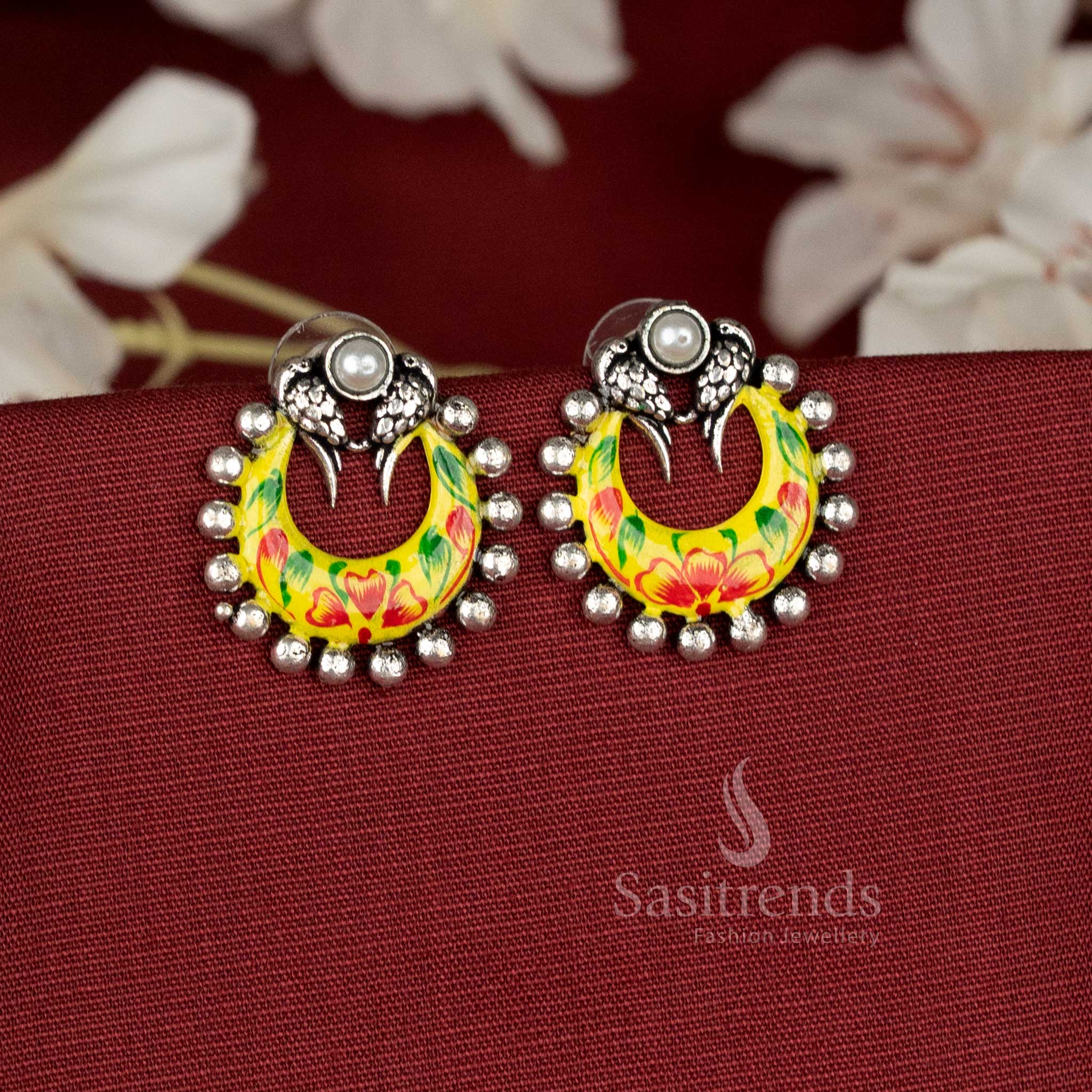 Goldenray hand-painted oxidised floral cluster earrings in yellow featuring a creative bloom finish with graceful detailing – Sasitrends