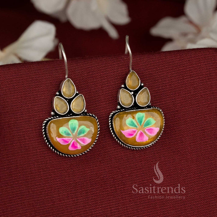 Honeydrop oxidised earrings showcasing yellow Monalisa stone florals and stylish hand-painted touch – Sasitrends
