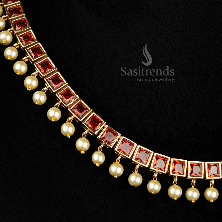 Sunburst Charm classic American Diamond orange square stone necklace jewellery set adorned with pearl drops, ideal for vibrant festive and party styling – Sasitrends