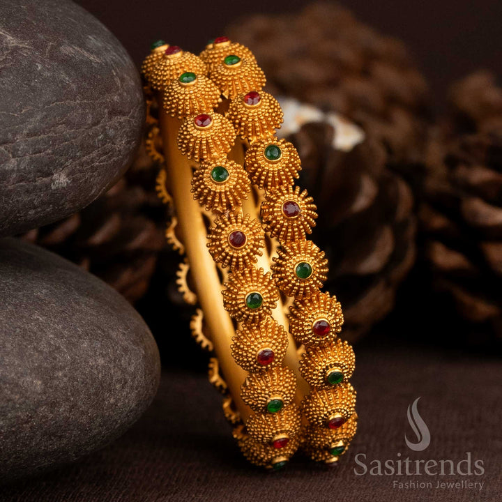 Striking matte gold bangles in a brass-inspired look, suited for effortless pairing with occasion wear – Sasitrends