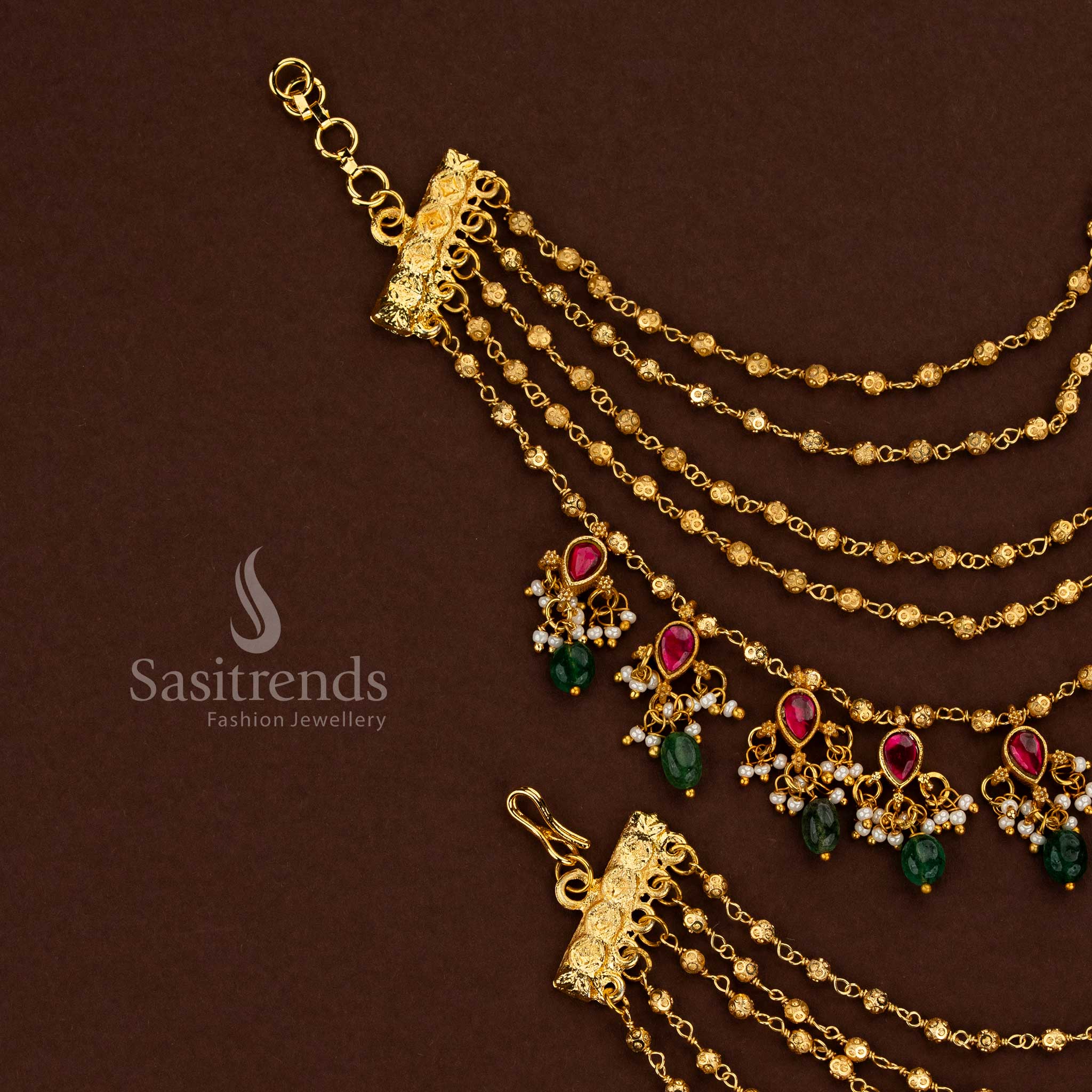 Festive and wedding jewellery featuring Jadau Kundan gold plated 5 layer teardrop stone matil with golden beads and pearls – Sasitrends