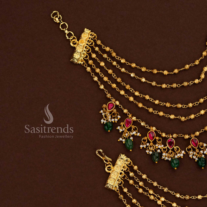 Festive and wedding jewellery featuring Jadau Kundan gold plated 5 layer teardrop stone matil with golden beads and pearls – Sasitrends
