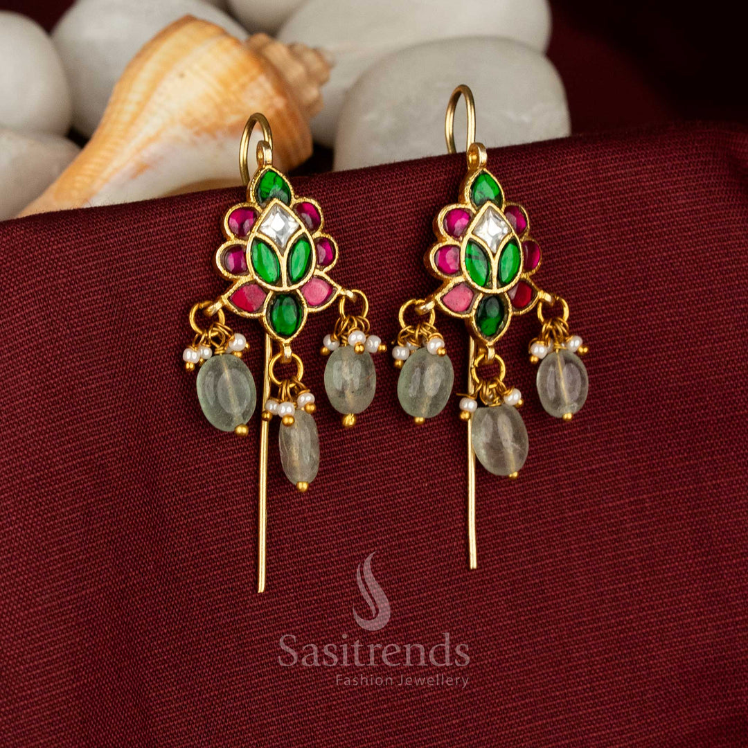 Teardrop floral motif Kundan ear cuff plated in premium gold and decorated with delicate pearl beads for cultural ceremonies – Sasitrends