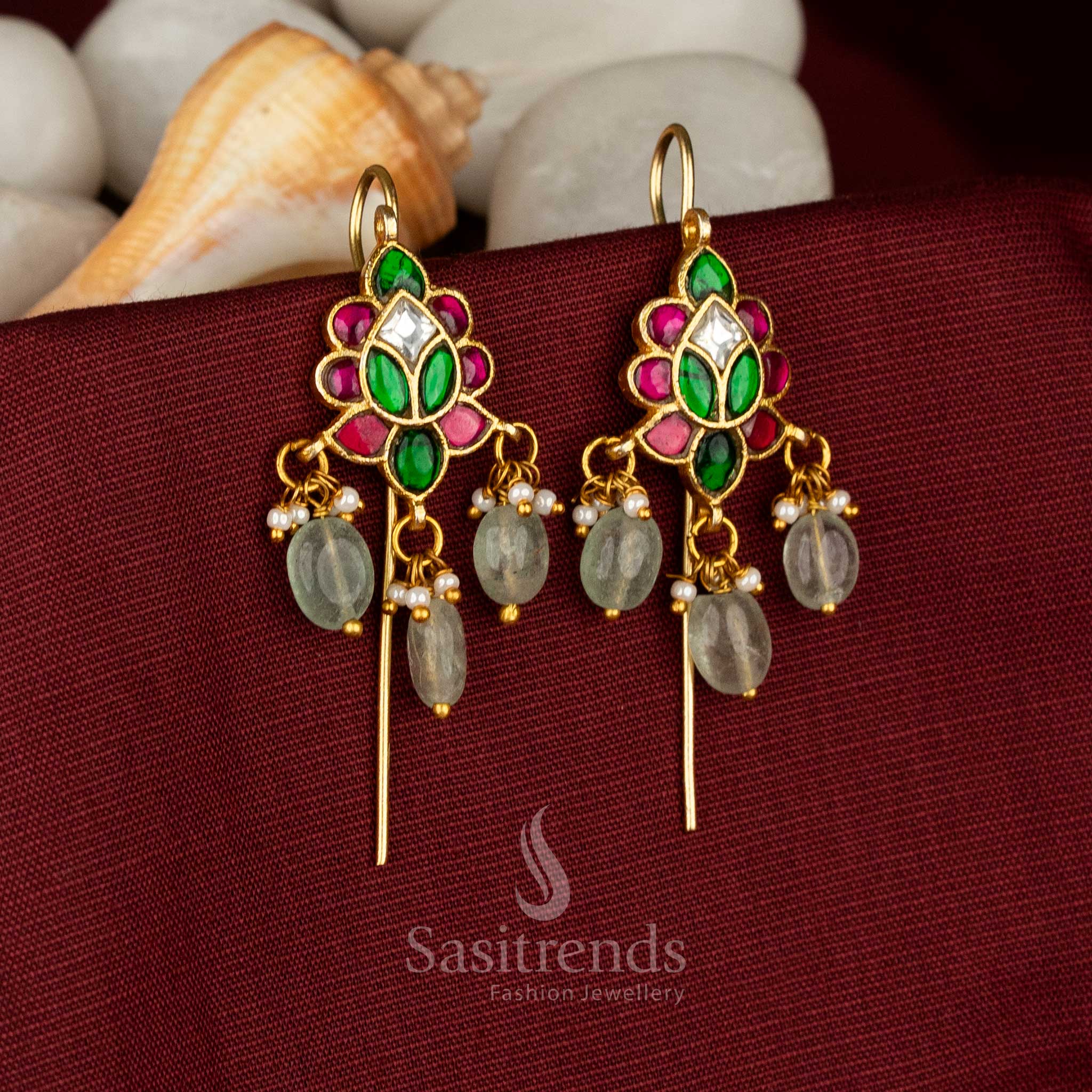 Teardrop floral motif Kundan ear cuff plated in premium gold and decorated with delicate pearl beads for cultural ceremonies – Sasitrends