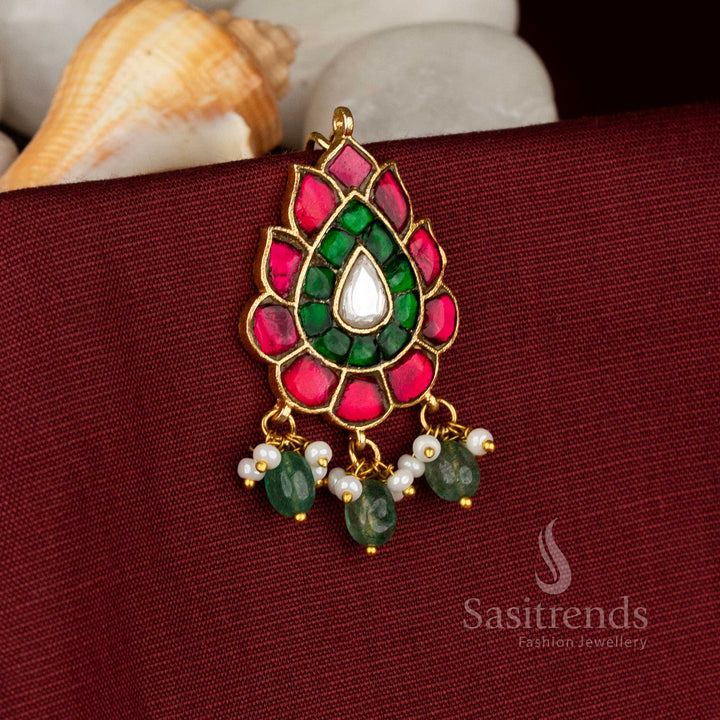 Teardrop shaped Kundan Jadau Jadai Billai hair ornament with majestic gold tone finesse for festive and bridal hairstyle glamour – Sasitrends