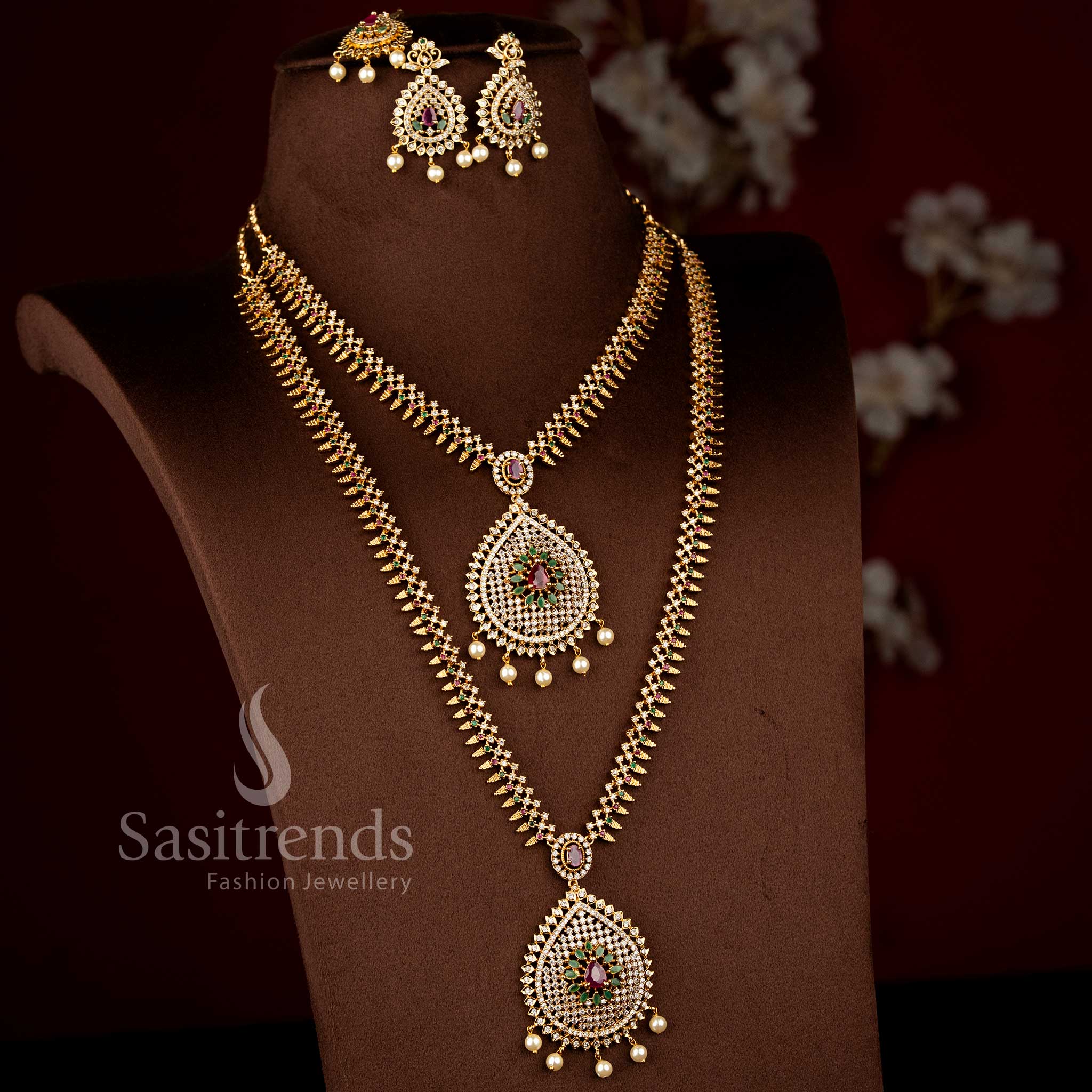 Orlienne royale long and short coordinated jewellery set crafted with radiant American diamond brilliance and multicolour teardrop embellishments in matte gold polish – Sasitrends