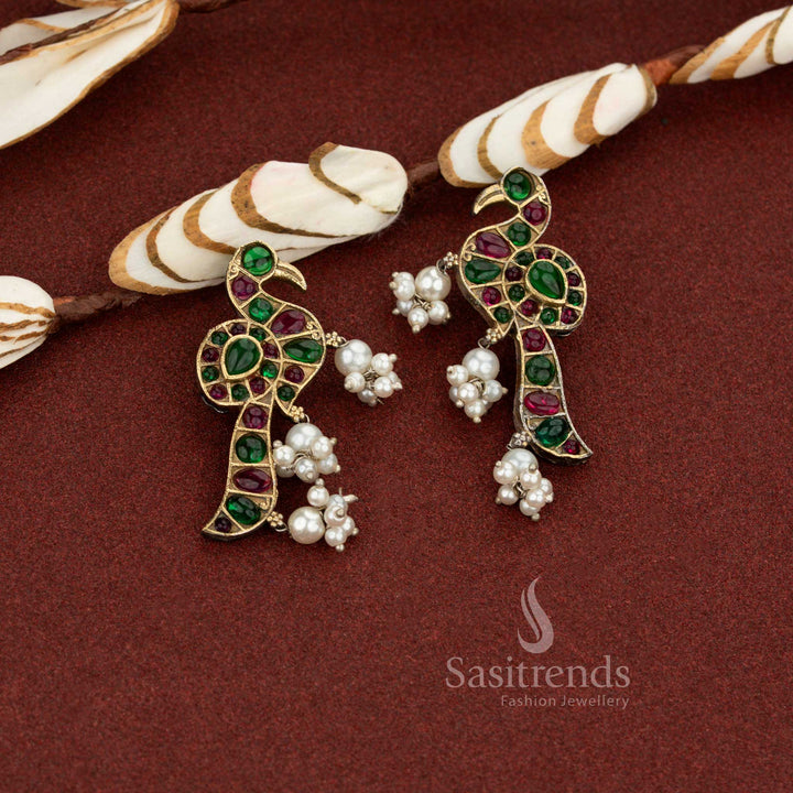 Heritage harmony ruby green antique oxidised peacock pearl drop stone earrings perfect for grand functions and classical ethnic wear – Sasitrends