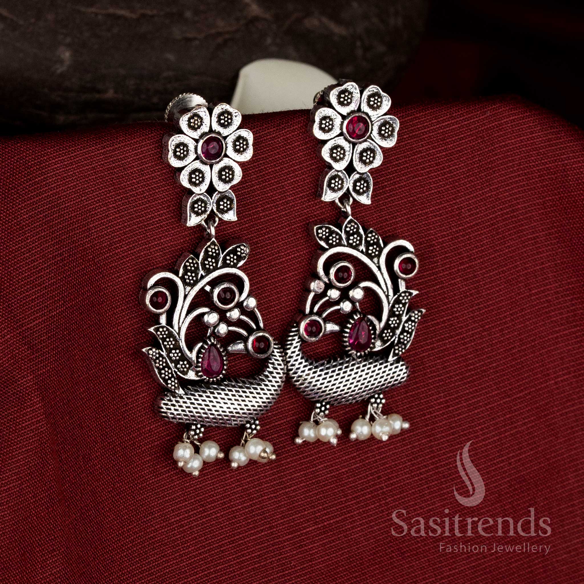 Regal tone oxidised silver ruby floral peacock earrings with pearl drops for festive jewellery - Sasitrends
