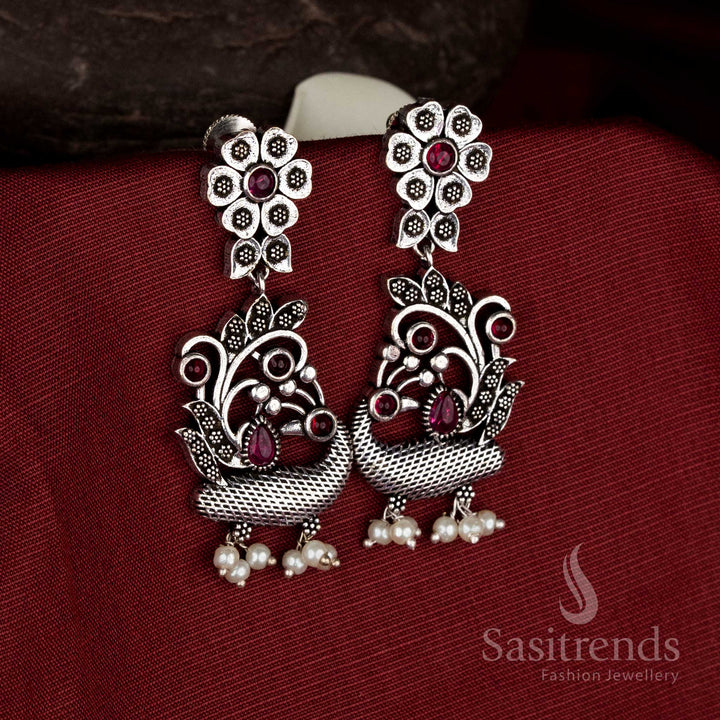 Regal tone oxidised silver ruby floral peacock earrings with pearl drops for festive jewellery - Sasitrends