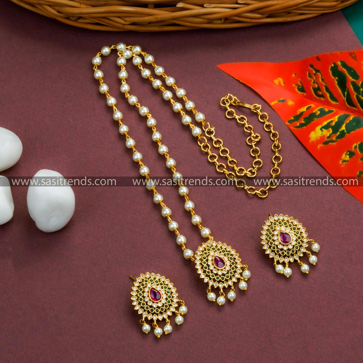 Temple Gold Toned Floral Pendant Pearl Necklace Set with Multi Color AD Stones and Pearl Earrings