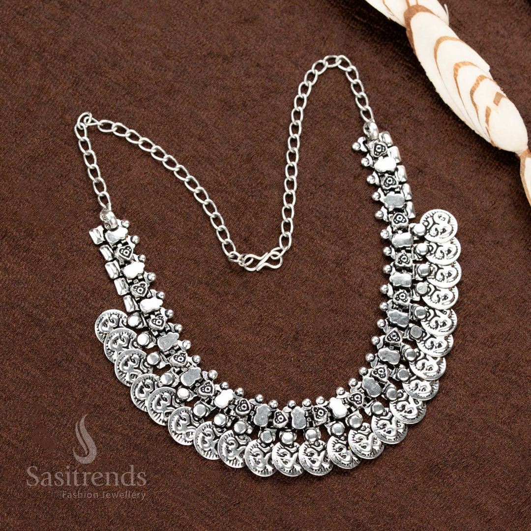 Handcrafted vintage-style oxidised German silver choker necklace with elegant coin embellishments and floral-inspired detailing, ideal for traditional wear - Sasitrends