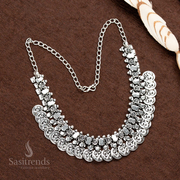 Oxidised German Silver Coin Motif Choker Necklace with Traditional Floral Accents – Perfect for Navaratri, Saree Styling, and Ethnic Wear - Sasitrends