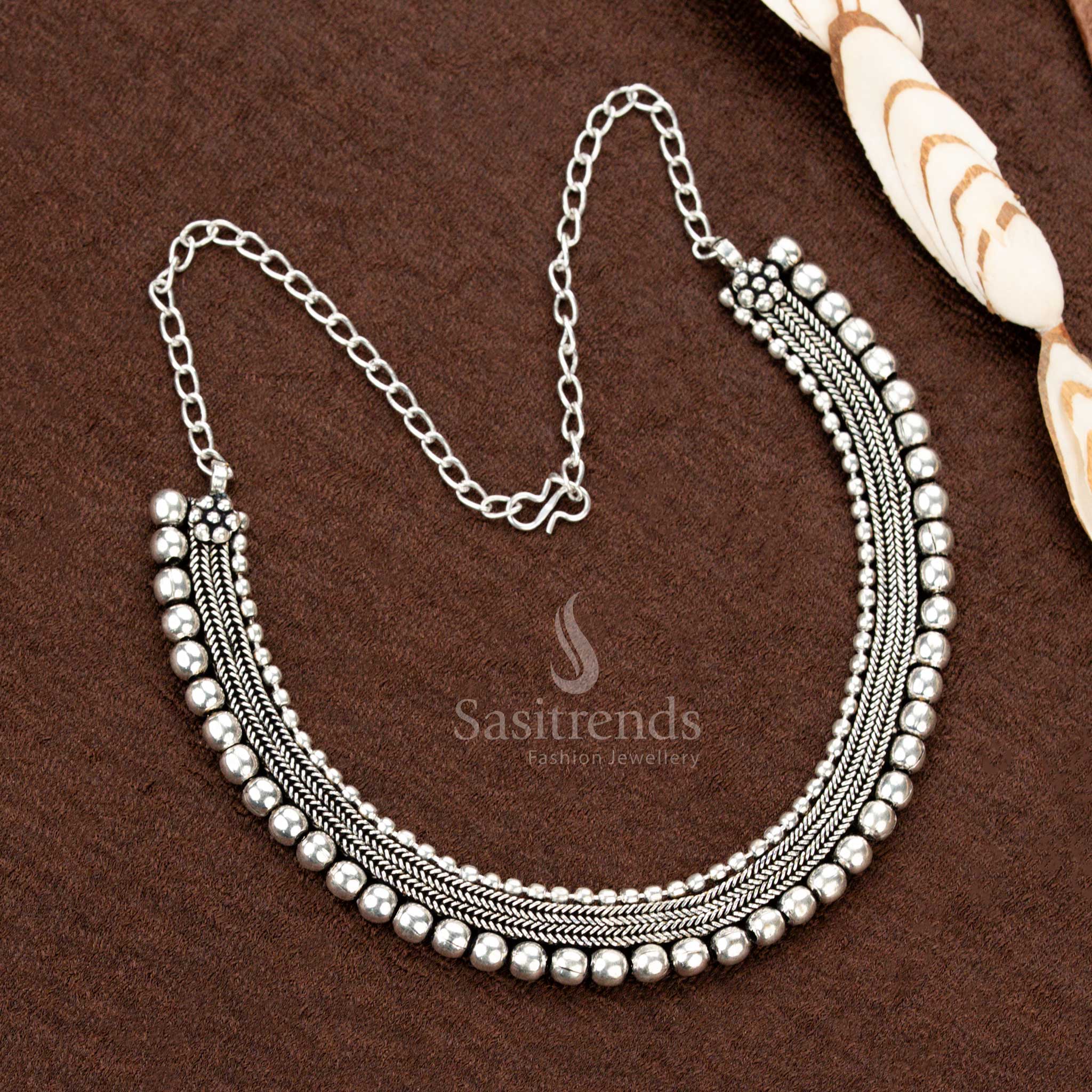 Regal handcrafted oxidised German silver choker necklace with dual-chain detailing and intricate ball motifs, an elegant ethnic jewellery piece for cultural events - Sasitrends