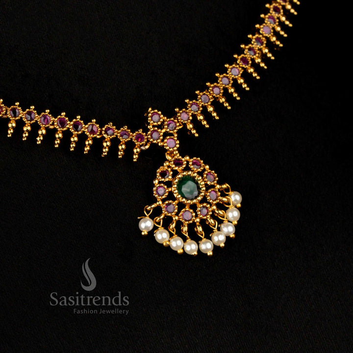 Regal temple matte gold plated AD stone necklace with ruby and green circular floral motifs, perfect for traditional ceremonies and festive luxury – Sasitrends