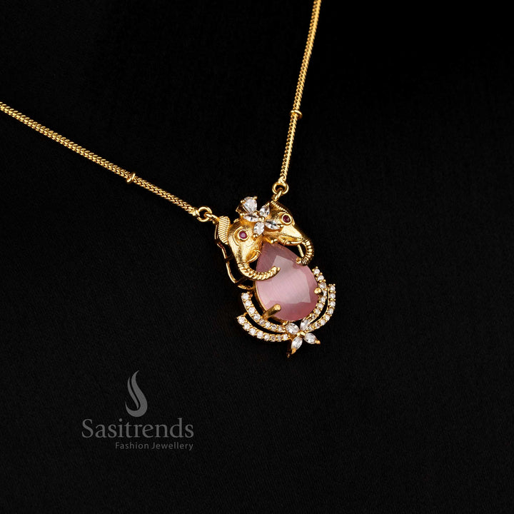 Splendid Temple Matte Gold Plated Elephant Pendant Chain And Earrings Jewellery Pink Colour Created For Traditional And Festive Functions By Sasitrends