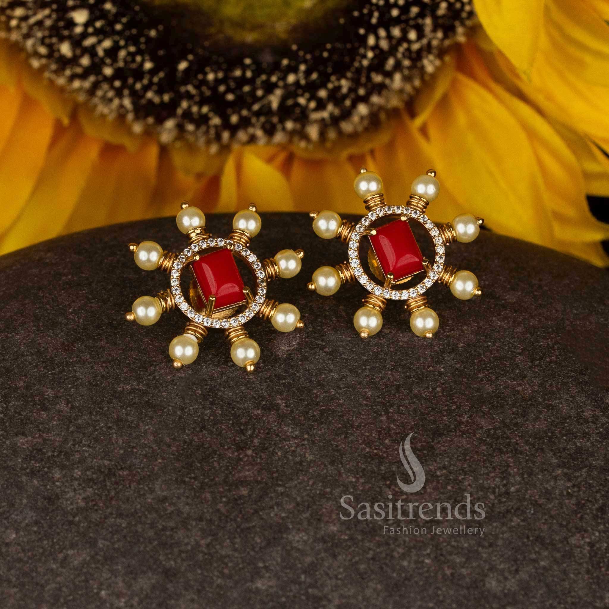 Majestic celestial radiance premium temple matte gold plated geometric starburst stud earrings with pearl, pavalam, and stone accents for opulent celebration - Sasitrends