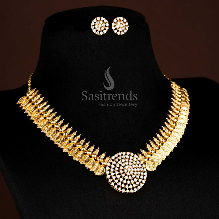 Majestic divine premium temple matte gold plated Lakshmi coin necklace adorned with circular white AD stone for festive charm - Sasitrends