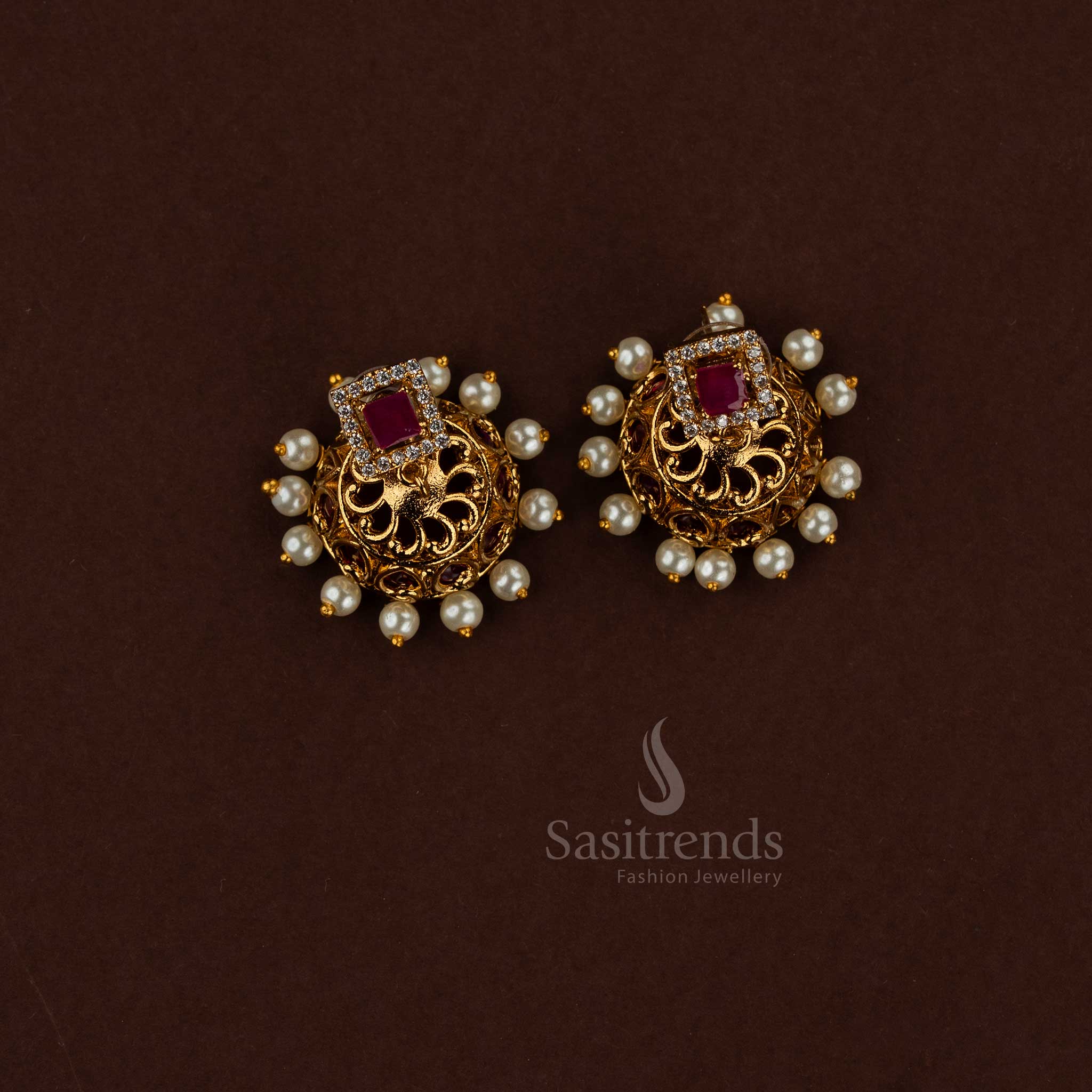 Elegant white ruby peacock square AD temple matte gold plated earrings crafted for festive saree styling temple outings and cultural celebrations - Sasitrends