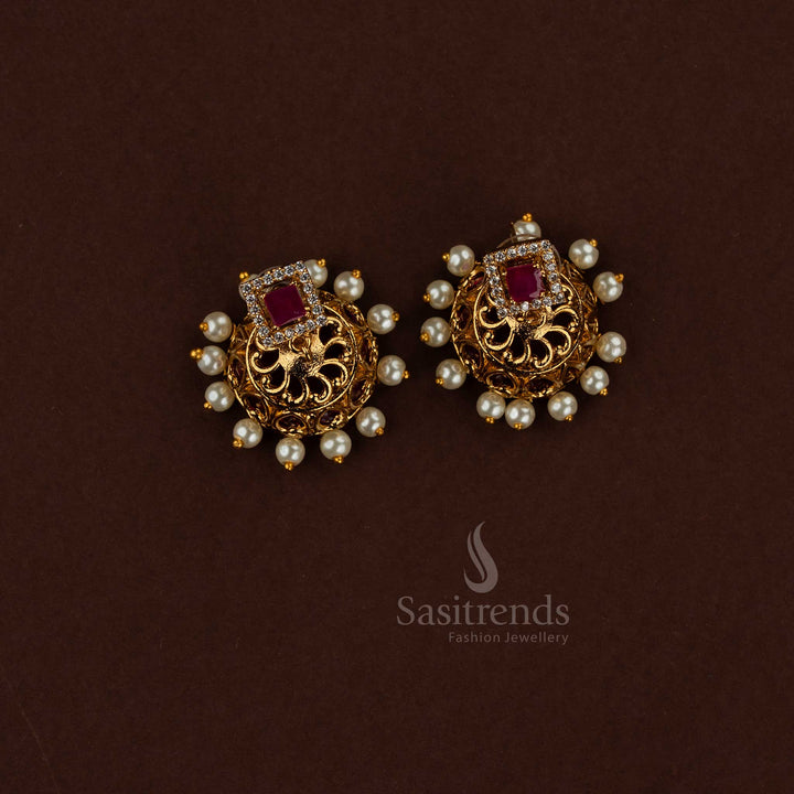 Elegant white ruby peacock square AD temple matte gold plated earrings crafted for festive saree styling temple outings and cultural celebrations - Sasitrends