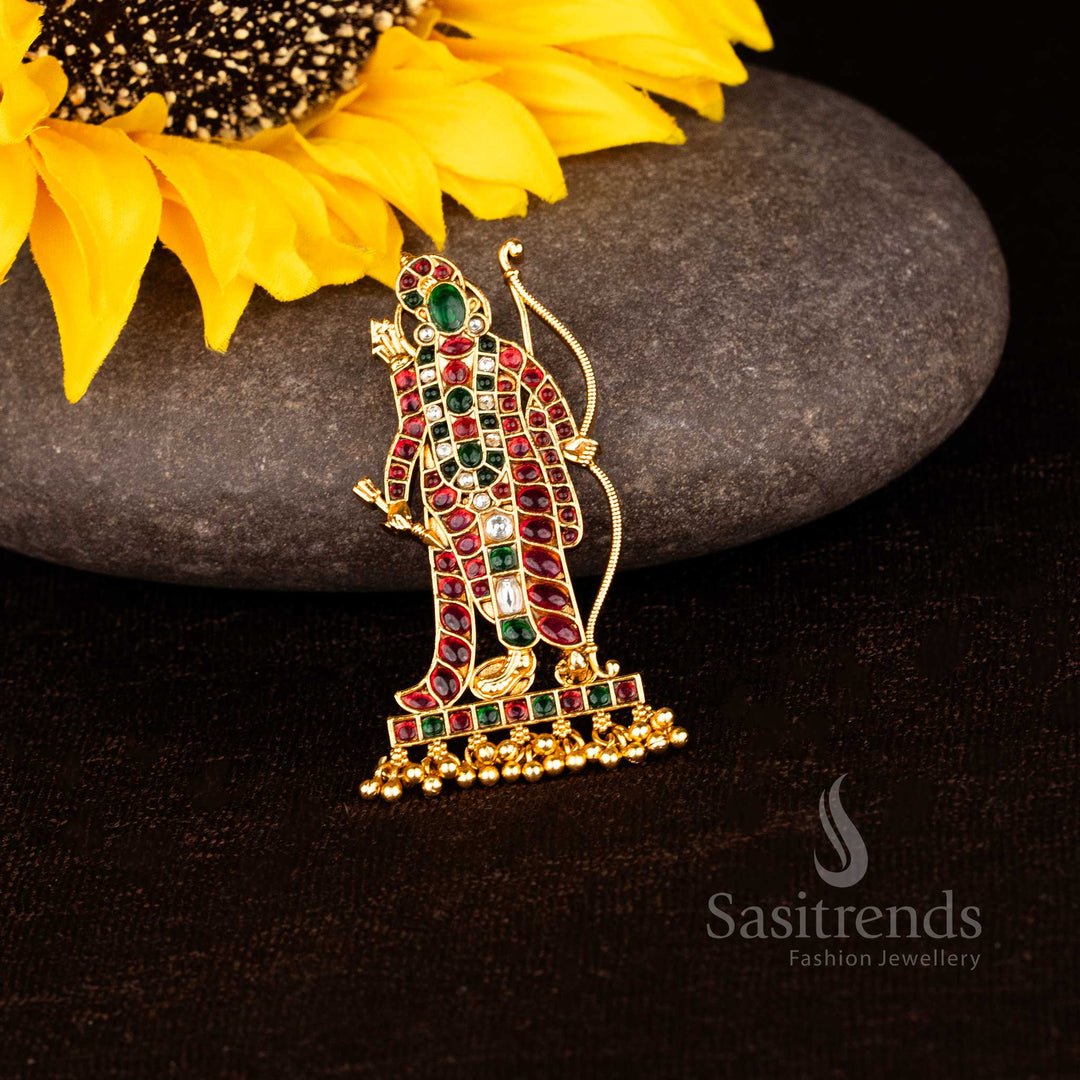 Elegant matte gold plated temple Rama pendant with bow and arrow motif adorned with AD Kemp stones in multi colours for traditional charm - Sasitrends
