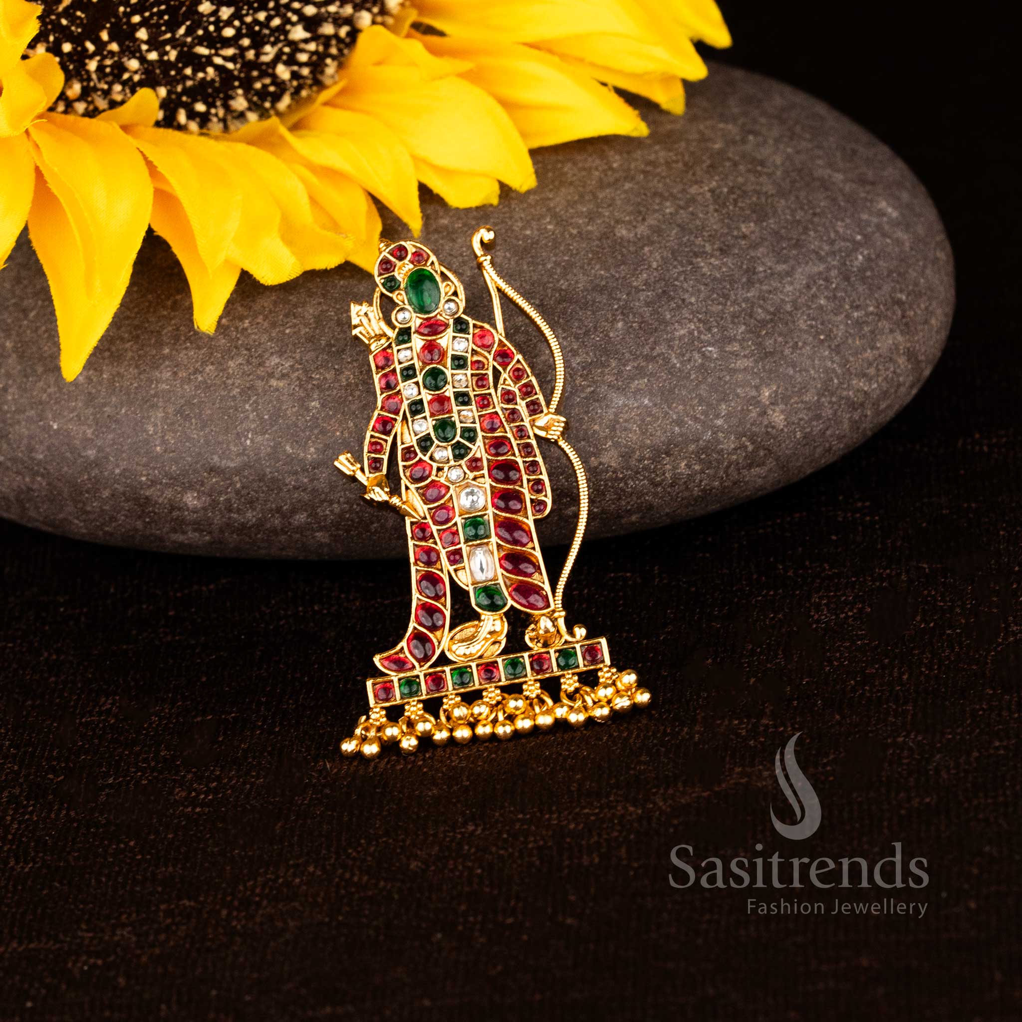 Elegant matte gold plated temple Rama pendant with bow and arrow motif adorned with AD Kemp stones in multi colours for traditional charm - Sasitrends