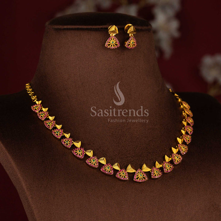 Temple style matte gold polished necklace set featuring AD stone design in traditional ruby green colour palette – Sasitrends