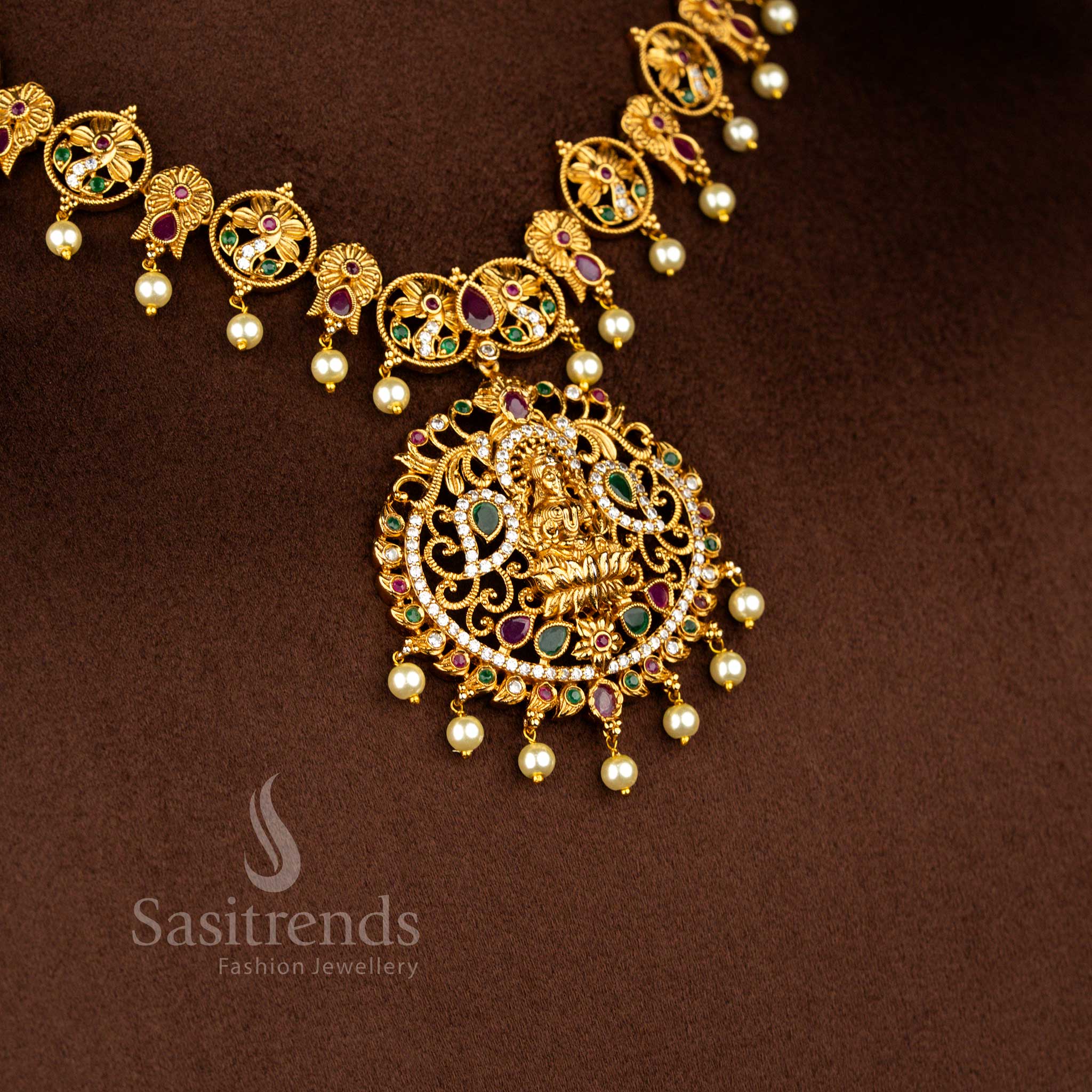 Graceful Temple Matte Gold Tone AD Lakshmi & Peacock Pearl Necklace Jewellery Set | Sasitrends - Sasitrends