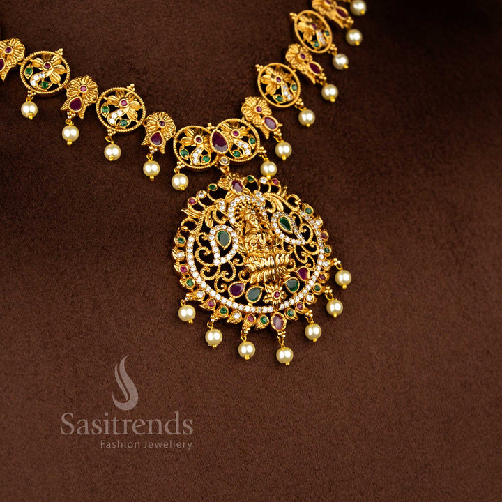Graceful Temple Matte Gold Tone AD Lakshmi & Peacock Pearl Necklace Jewellery Set | Sasitrends - Sasitrends