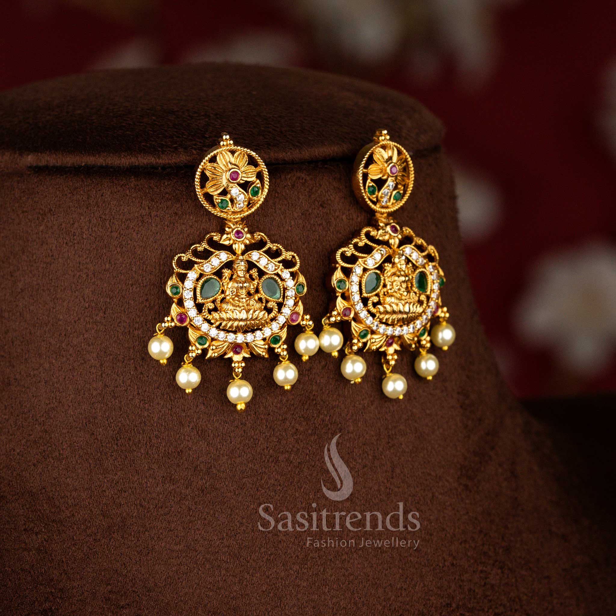 Graceful Temple Matte Gold Tone AD Lakshmi & Peacock Pearl Necklace Jewellery Set | Sasitrends - Sasitrends