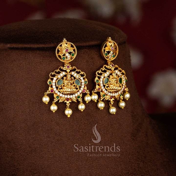 Graceful Temple Matte Gold Tone AD Lakshmi & Peacock Pearl Necklace Jewellery Set | Sasitrends - Sasitrends