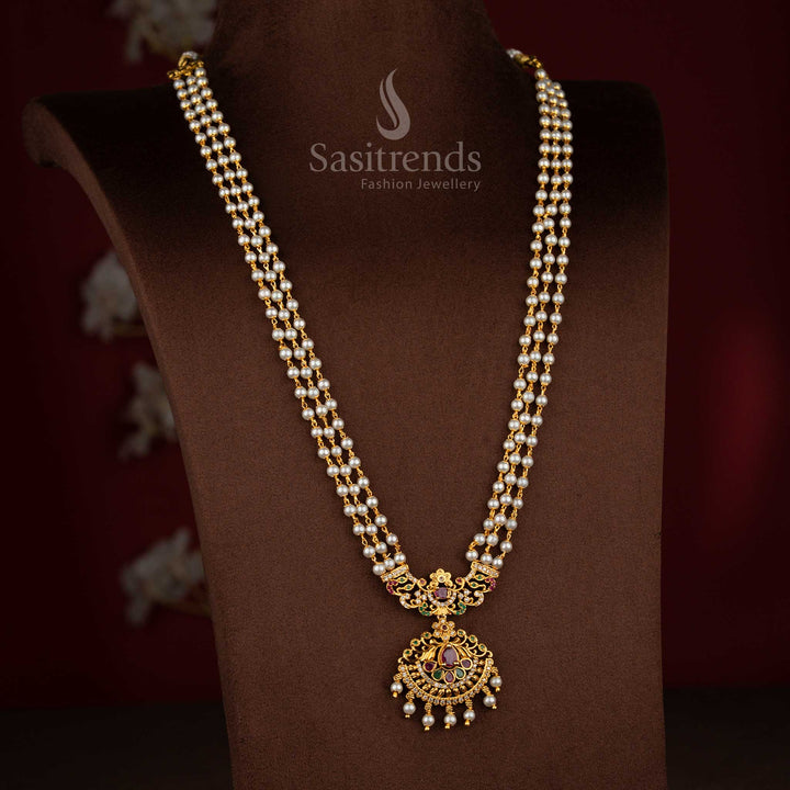 Eternal bhavam matte gold plated three layer pearl pendant temple long haram necklace suitable for timeless traditional wear and ceremonial events – Sasitrends