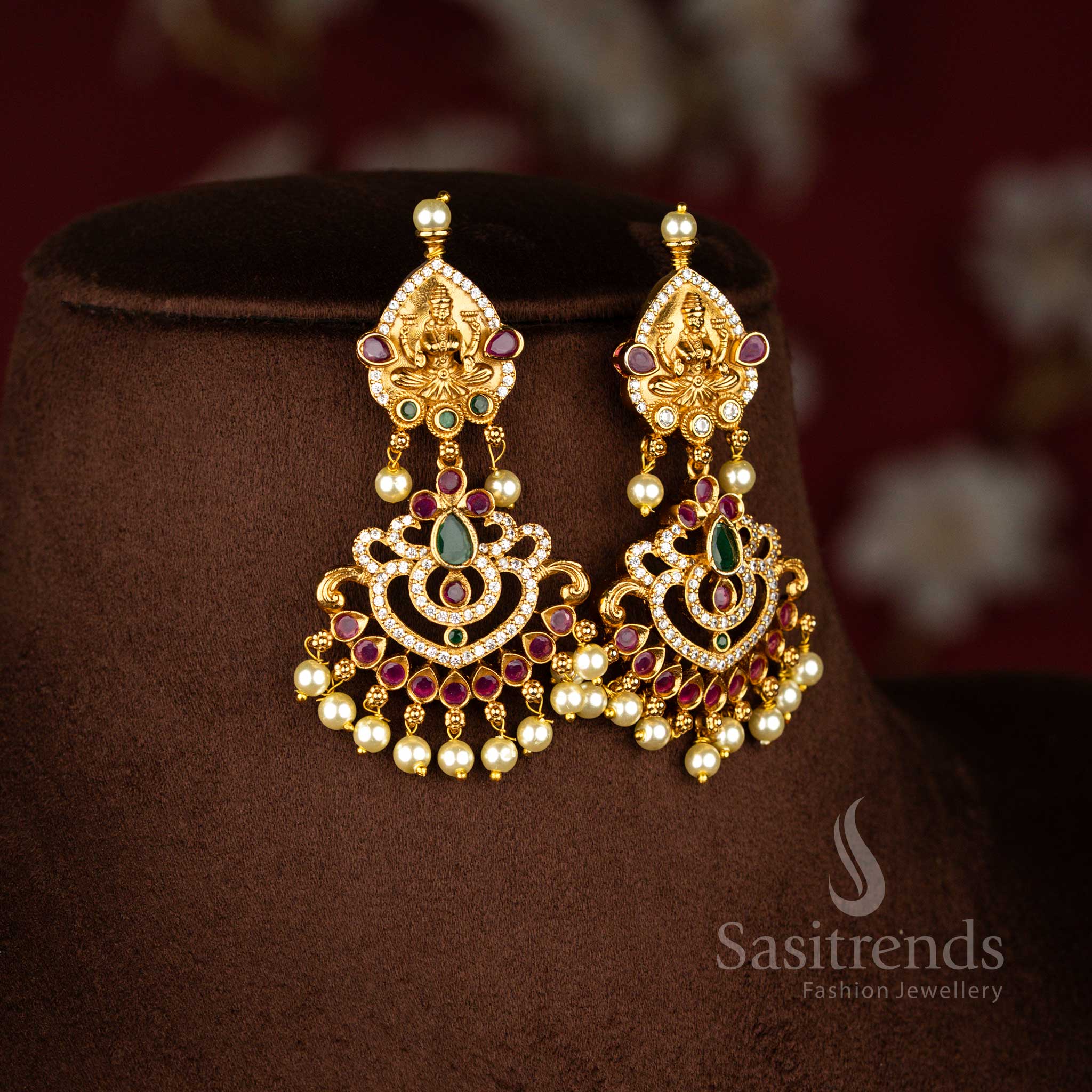 Traditional Bridal Lakshmi & AD Stones Temple Matte Gold Plated Pearl Necklace Jewellery Set for Women | Sasitrends - Sasitrends