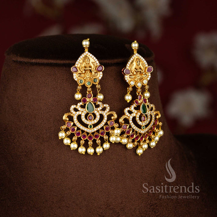 Traditional Bridal Lakshmi & AD Stones Temple Matte Gold Plated Pearl Necklace Jewellery Set for Women | Sasitrends - Sasitrends