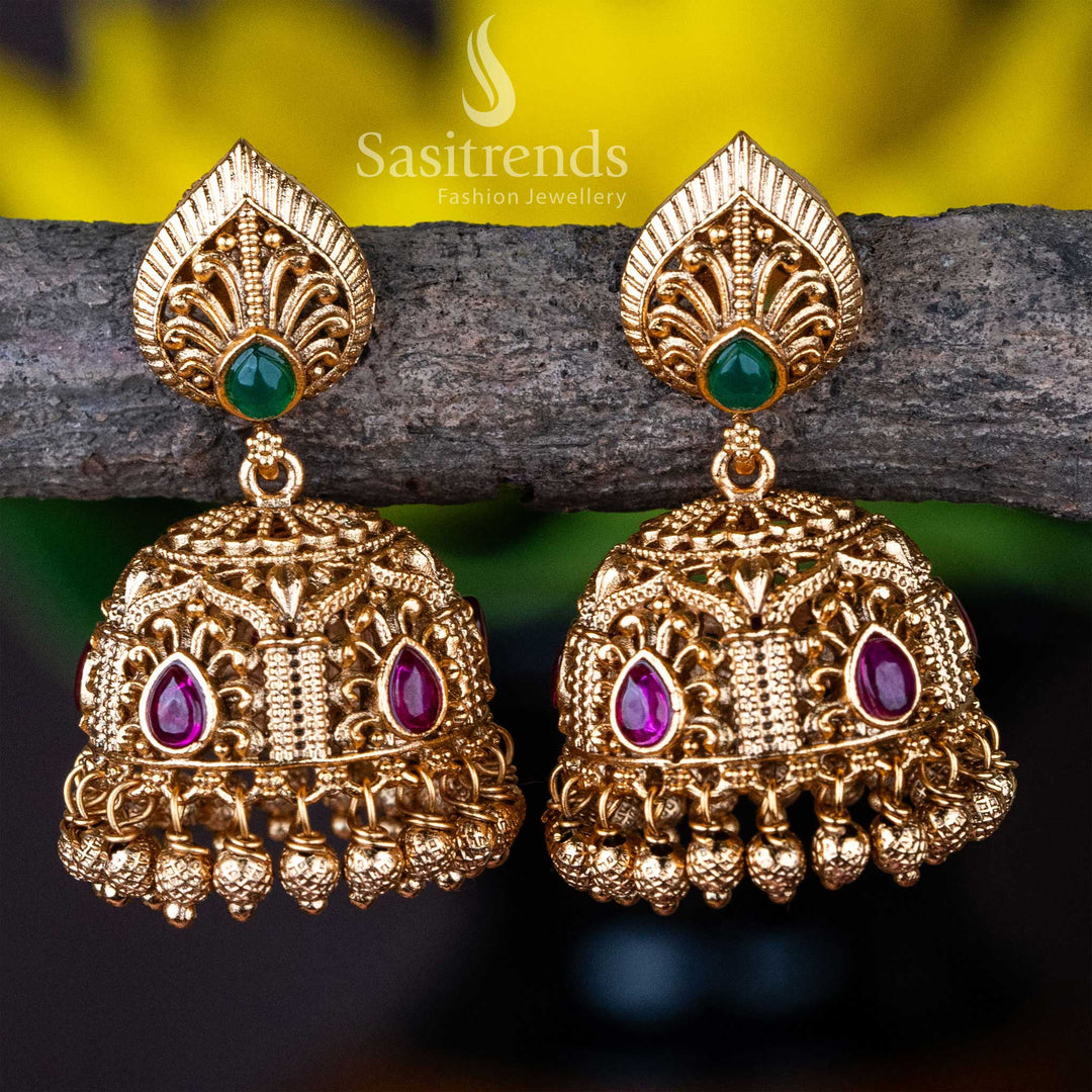Temple Wear Premium Matt Gold Plated Kemp Stone Small Jhumka Earrings - Sasitrends