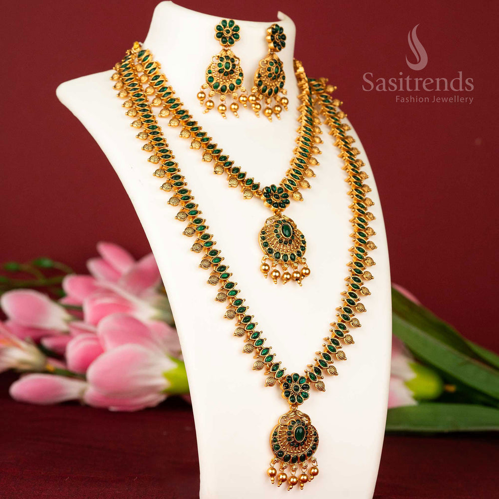 Traditional matte gold plated flower temple jewellery set with short and long haram in serene green tone, perfect for divine ethnic looks and graceful cultural moments – Sasitrends