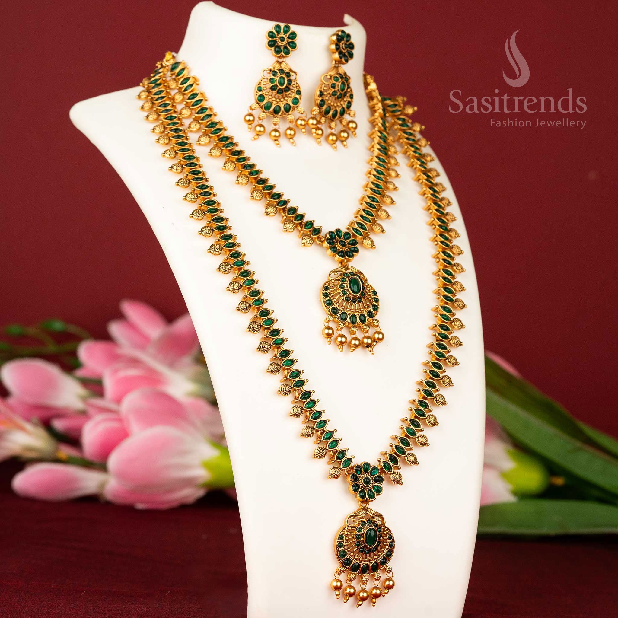 Traditional matte gold plated flower temple jewellery set with short and long haram in serene green tone, perfect for divine ethnic looks and graceful cultural moments – Sasitrends