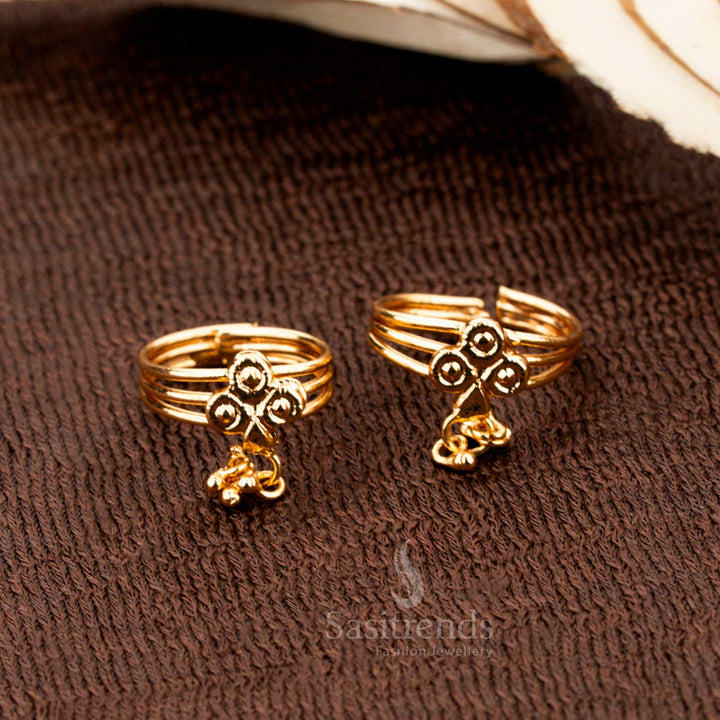 Triple circular toe rings with hanging bell charms in micro gold – festive one gram jewellery for traditional celebrations - Sasitrends