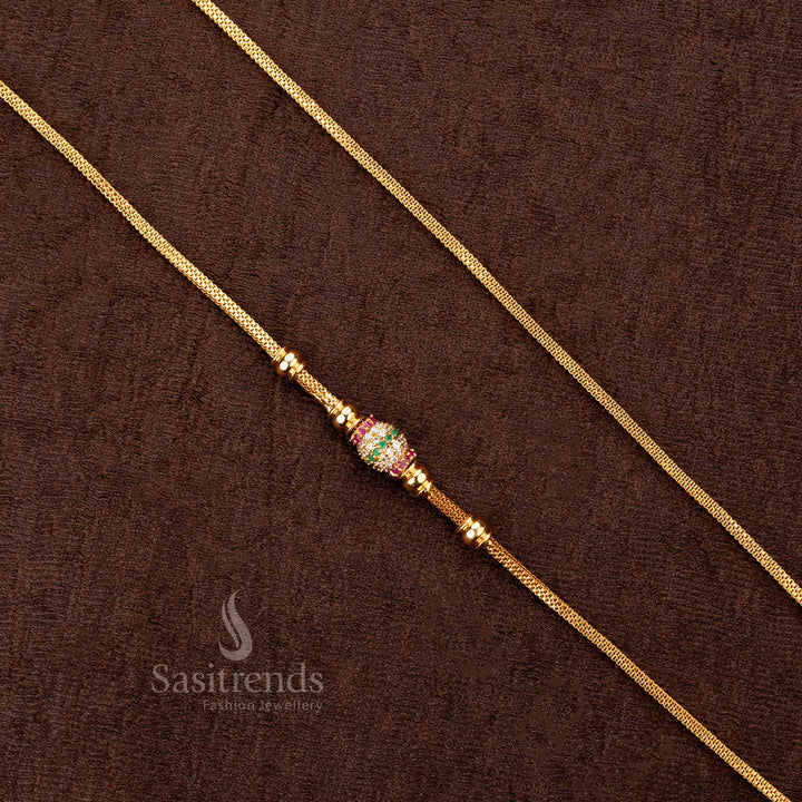 One Gram 3-Layer Micro Gold Plated AD Stone Mugappu Chain with Barrel Bead – Traditional Wear & Perfect for Sarees - Sasitrends