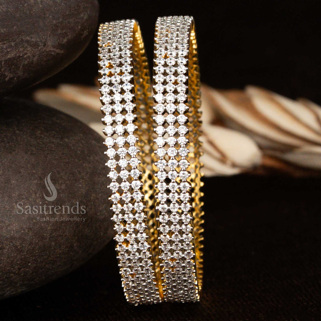 Micro gold finish 1-year guaranteed bangles set with triple-row white CZ stones – a stunning and timeless bridal jewellery design that radiates sophistication and sparkle by Sasitrends