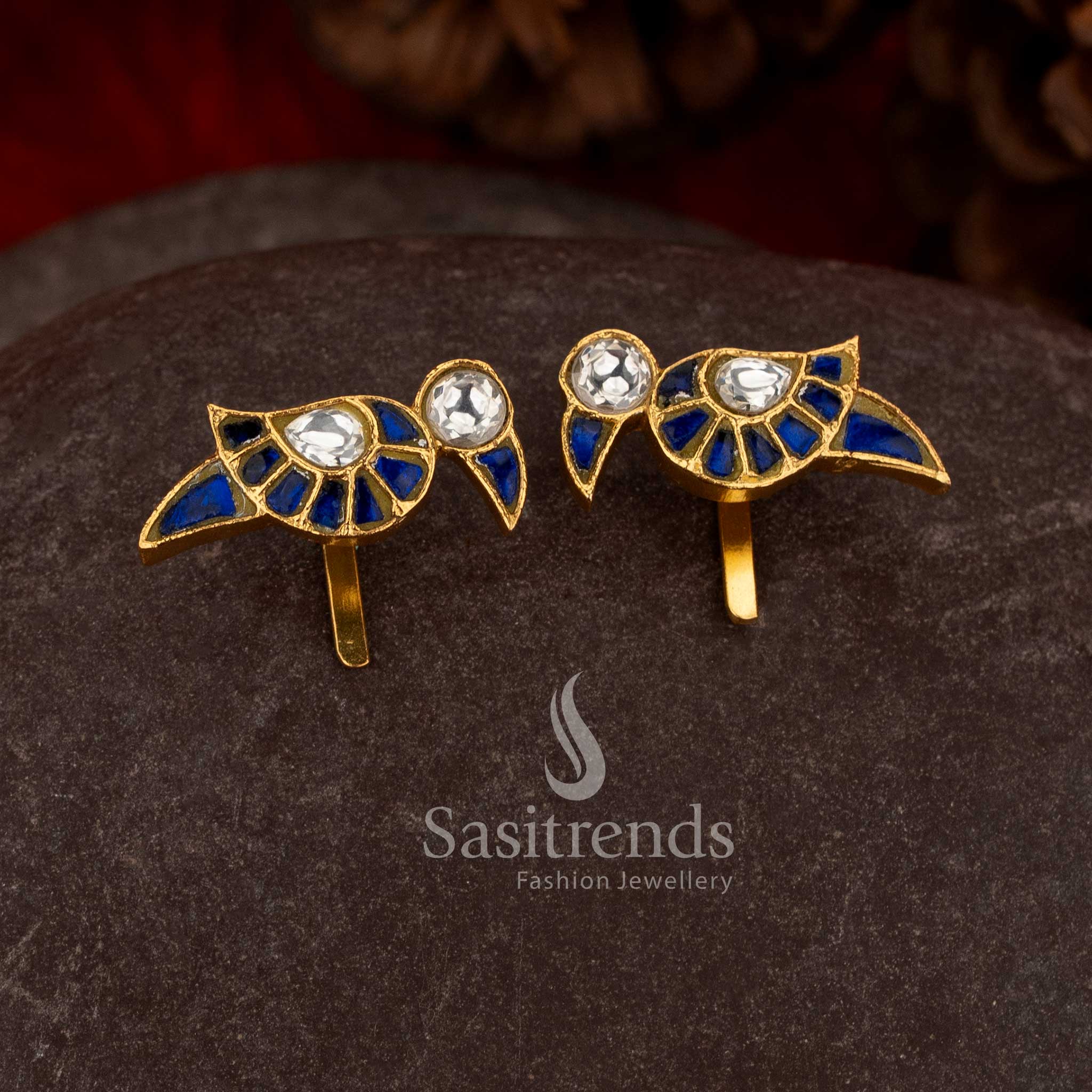 Serene blue white jadau parrot motif bugadi earrings with kundan stones for temple wear - Sasitrends