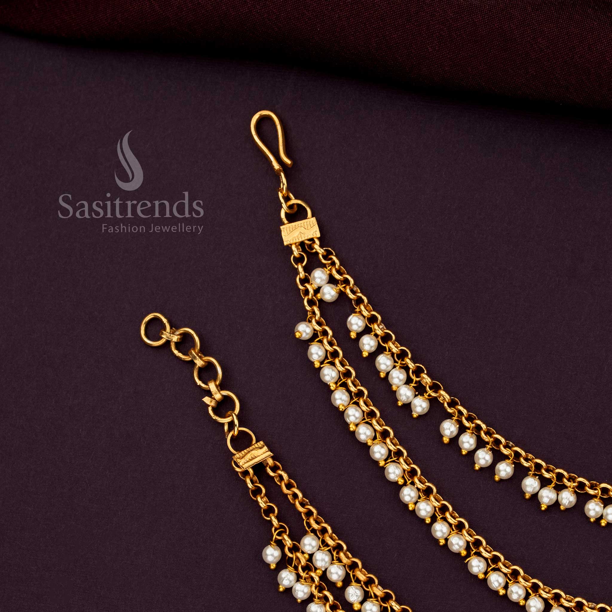 Refined Two Layer Gold Plated Matil Featuring Dangling Pearls Perfect For Enhancing The Charm Of Bridal Sarees And Lehenga Styles - Sasitrends
