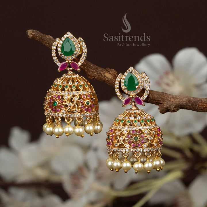 Attractive American Diamond Gold Plated Filigree Jhumka Earrings For Festive Wear - Sasitrends